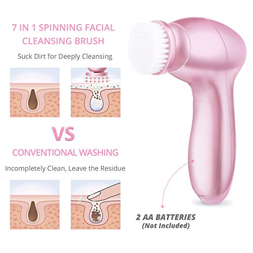 Electric Facial Cleansing Brush 7 in 1, Skin Spin face Brush for Deep Cleaning, Gentle Exfoliating, Blackhead Removing, Pearl Pink, Battery Operated - Thumbnail 2