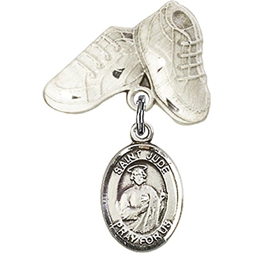 Sterling Silver Baby Badge with St. Jude Thaddeus Charm and Baby Boots Pin 1 X 5/8 inches