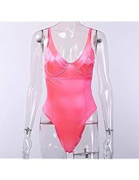 Gemira - Body de neón para mujer con correa de espagueti en V profunda, con aros en la parte inferior, sexy, brillante, de corte alto