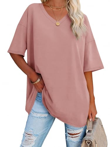 Casual Oversized T Shirts for Women Short Sleeve V Neck Basic Solid Cotton Tops