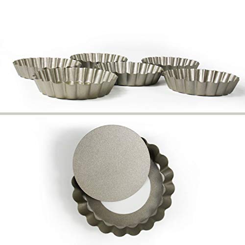 6 Pack(4 Inch) Round Mini Tart and Quiche Pan with Removable Loose Bottom, Non-stick Tin for Pie (Champagne Color)