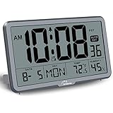 WallarGe Digital Wall Clock, Autoset Desk Clocks with Temperature, Humidity and Date, Battery Operated Digital Wall Clock Large Display, 8 Time Zone, Auto DST. (Grey)