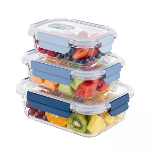 - Lote 3 Contenedores Herméticos de Vidrio - 370ml, 640ml, 1050 ml - Transparente - Tapa de polipropileno - Aptos para Almacenar, Transportar y Calentar Alimentos - Mod. 700
