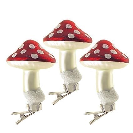 Set Of 3 Clip On Red Glass Mushroom Christmas Tree Decorations