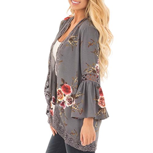 Women's Cardigan,Toponly Autumn Women Lace Floral Open Cape Casual Loose Blouse kimono Cardigan (Gray, XL)