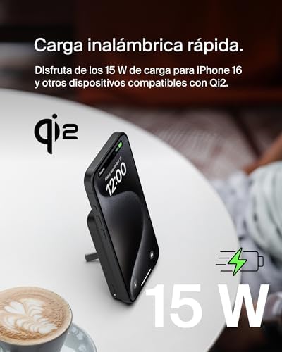 BoostCharge Pro 5000mAh Bateria Externa Sem Fios com Qi2, Carregador Portátil Compatível com MagSafe + Suporte para Cavalete, Bateria Portátil para Telemóveis 16, iPhone 15, 14, 13 e outros, Preta