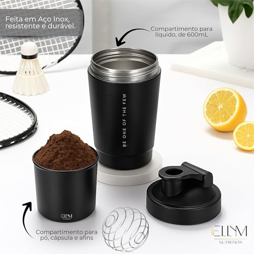 Coqueteleira Aço Inox 600ml com Compartimento Inferior ELLYM NUTRITION Misturador Ideal Shakes (Azul)
