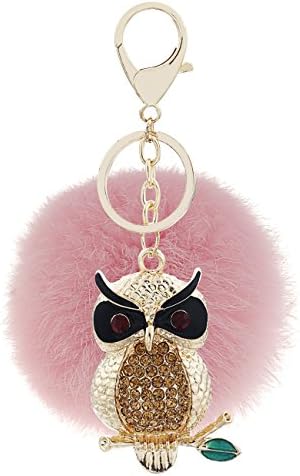 Women Crystal Rhinestone Keychain Owl Faux Rabbit Fur Pom Pom Rinestone Bag Car Charm Key Ring Pendant (C4)