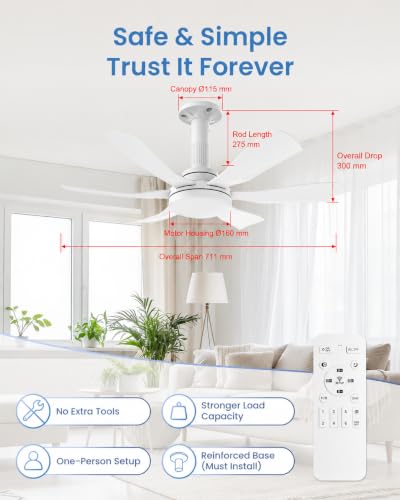 Airwit 28 Inch Socket Fan Light with Remote, Small White Ceiling Fan for Bedroom, Screw in Ceiling Fan with Light, Quiet Reversible DC Motor, E26/E27 Light Socket Fan