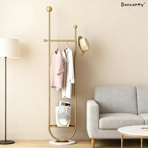 Beauenty Fashion Coat Rack, U-Shape Clothes Stand, Metal Coat Racks with Stone Slab Base, Modern Freestanding Hanger for Clothing, Bags, Hats, Entryway, Living Room, Height 1.9M (Golden)