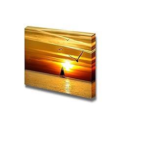 Sunset at The Sea with Sailing Boat Yacht Wall Decor