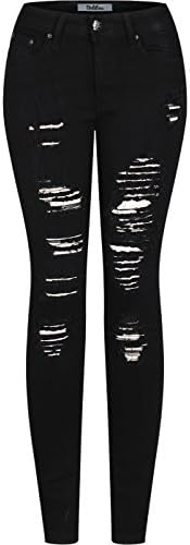 2LUV Women's Stretchy 5 Pocket Destroyed Dark Denim Skinny Jeans