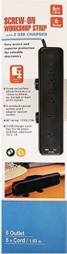 image for LavoHome Clamp on 6 Outlet 6FT POWER STRIP WITH 2 USB CHARGER & SCREW-