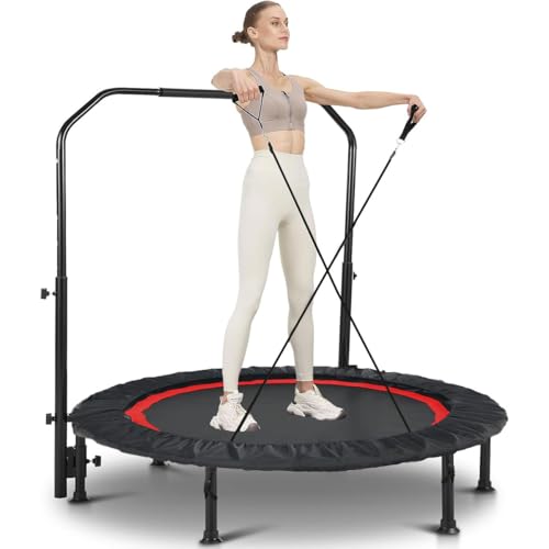 Fitness Trampoline Foldable Exercise Rebounder with 5 Level Adjustable Height Foam Handle, Jumping Fitness Silent Trampoline Safety Net Mini Workout Rebounder for Kids Adults Indoor Outdoor Load 180kg
