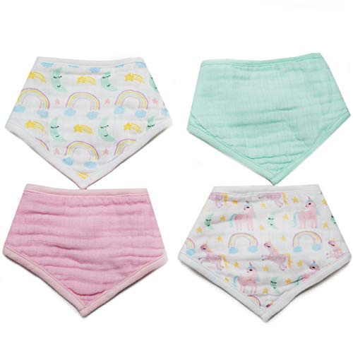 Baby Muslin Swaddle Blankets with Matching Dribble Bibs | Premium Cotton Swaddle Blanket | Set of 4 | Large 47 x 47 inches | Cute Unicorn/Rainbow Designs by Little Tinkers World