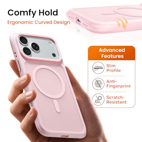 ORNARTO Magnetic for iPhone 17 Pro Case,20FT Military Grade Drop Shockproof Corner Protection,Compatible with MagSafe,Slim Translucent Matte iPhone 17 Pro Cover-Pink