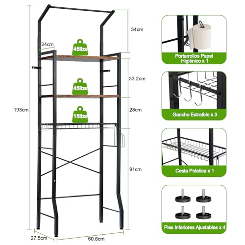 LOKOOY Estantería sobre el Inodoro, Organizador de Baño de 7 Niveles Ajustable, Mueble para Inodoro, Ahorro de Espacio con Ganchos (Negro rústico)