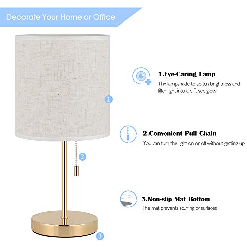 Gold Desk Lamp for Bedroom, Metal Table Lamp with Linen Shade on Nightstand, Bedside, Dressers, Coffee Table, Study Desk in Living Room, Guest Room, College Dorm, Office