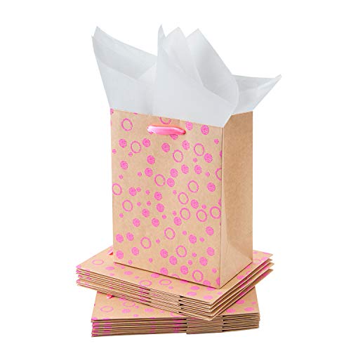 Loveinside Medium Size Gift Bags-3D EVA Foam Fluorescent Pink Dots Puff Print Gift Bag with Tissue Paper for Shopping,Parties,Wedding, Baby Shower, Craf-12Pack-7" X 4" X 9"