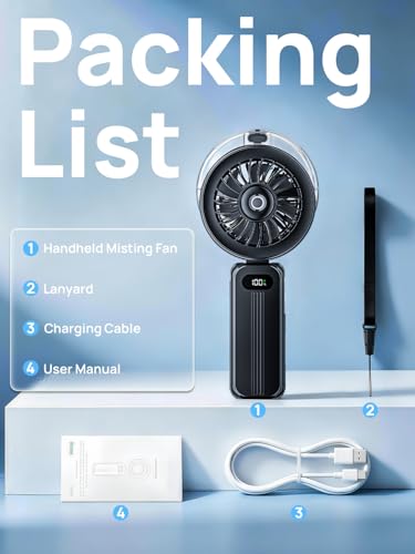 HandHeld Misting Fan Portable - High Speed Hand Held USB Rechargeable Fans with Mist & LED Display, 6000mAh Battery Operated Personal Small Mini Foldable Desk Desktop Fan for Travel Outdoor (Black)