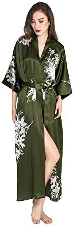 SUMI Women's Silk Kimono Robe Long - Floral Print, Yuri- Olive