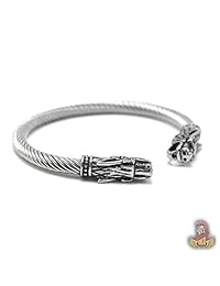 BaviPower - Brazalete de cabeza de lobo hecho a mano ? Flexible ? Acero inoxidable ? Norse escandinavo pulsera ? Auténtica joyería vikinga