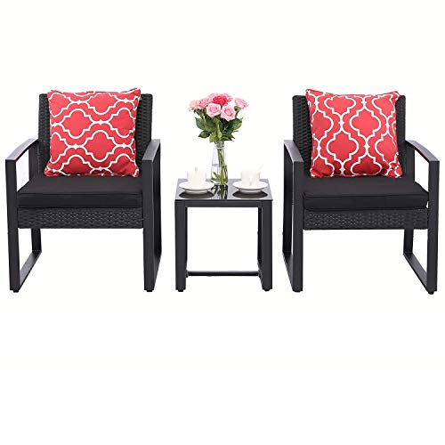 Do4U 3 Pieces Patio Set Outdoor Wicker Patio Furniture Sets Modern Bistro Set Rattan Chairs with Coffee Table Porch Backyard Pool Garden Chairs Set (631-BLK-BLK)