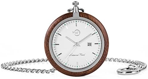 Original Wood Pocket Watch, Kwock Swiss Quartz Movement Stainless Steel Chain Natural Wooden Case Man Pocket Watches Best Gift for Birthday Holiday (Black Walnut)