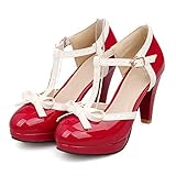 Lucksender Fashion T Strap Bows Womens Platform High Heel Pumps Shoes 8B(M) US Red