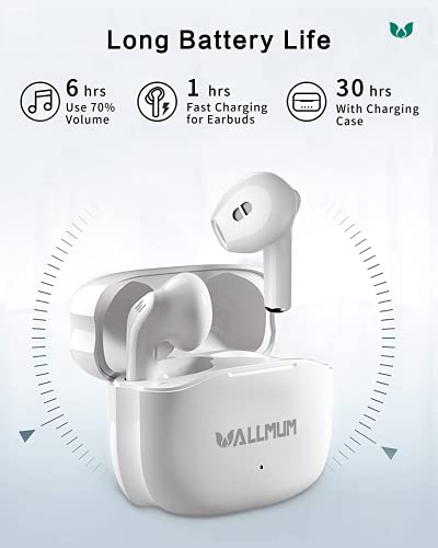WALLMUM True Wireless Earbuds Bluetooth 5.0 with Mic for iPhone Android Bluetooth Heaphones in Ear Hi-Fi Stereo Earphones Touch Control Waterproof Headset for Sport Work Fitness White