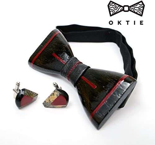 OKTIE Classic Wooden Bow Tie Handmade Bowtie Wood Accessories Gift for Men Ash curved bow tie Black with Cuff links Red Stripes