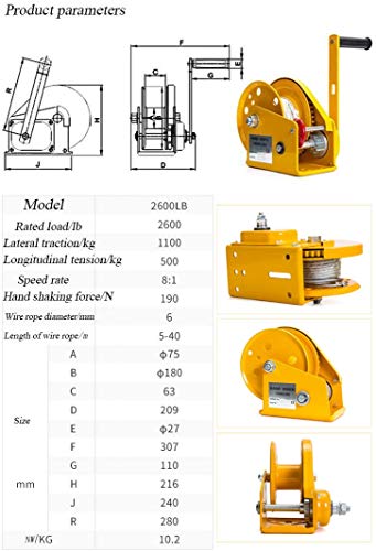 RSHJD Handwinde Anhänger, Seil-Winden Hand Multifunktion Tragbar für Wohnmobile Yacht, 2600lb/500kg, Winde Zugkraft Auto Boot Hebezug Werkzeug mit Haken40m – Bild 8