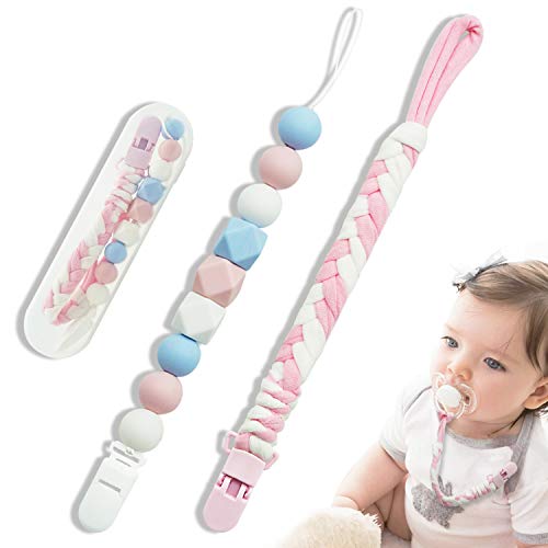 Pacifier Clip for Baby Girls, Baby Holder Leash, Braided Pacifier Holder & Silicone Pacifier Holder, Teether Toy Leash, Baby Shower Gift Set, Easy to Use for Teething Toys (Pink) - Thumbnail 7