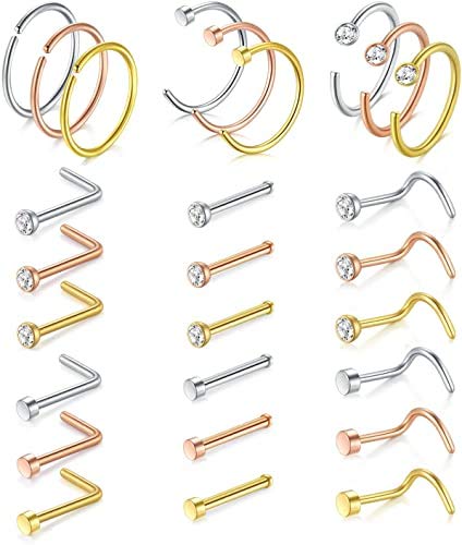 incaton 20g Nose Stud Ring and Hoops - 8mm L Shape, Screw Bone, Flat Top, C Shape High Nostril Piercing Jewelry - Stainless Steel in Silver, Rose Gold,Gold