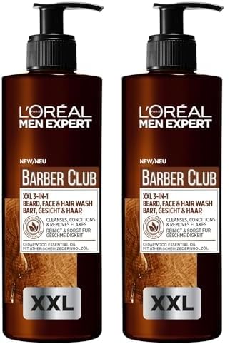 L'Oréal Men Expert XXL 3-in-1 Bartshampoo für Männer, Bartseife für Bart, Gesicht und Haar, Herren Bartpflege gegen Schuppen mit ätherischem Zedernholzöl, Barber Club, [Amazon Exclusive], 1 x 400 ml