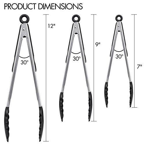Cooking Tongs, AUKUYEE Food Tongs Kitchen Tongs of 3 Set 7,9,12 Inch Nonstick Stainless Steel Silicone Tips, Heat Resistant, Locking, Ergonomic Grip for BBQ, Grill, Salad, Cooking (Black)