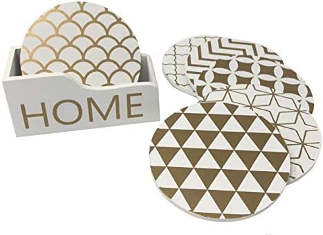 6 Pack - Modern Geometric Design Drink Coasters Table Set - White and Gold Contemporary Art Style Patterns