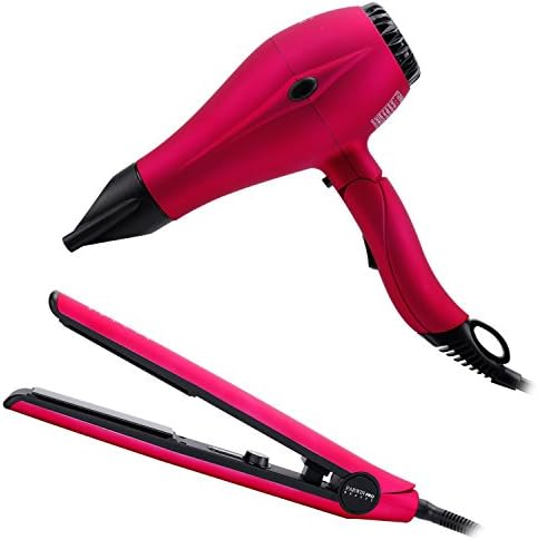 PARWIN BEAUTY Professional Styling Combination -Foldable 1875W Super Negative Ion Hair Dryer and Tourmaline Hair Straightener Thermostat Flat Iron, Pink