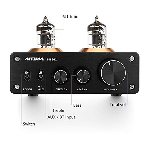 AIYIMA Audio 6J1 Tube Preamplifier Bluetooth 5.0 HiFi Treble & Bass Adjustment Audio Preamplifier DC12V Amplifier Preamp for Home Theater System (Black+Bluetooth 5.0)