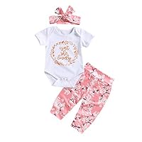 3 Pcs Infant Newborn Baby Girls Romper Outfit Pants Set with Short Sleeve Top+Floral Pants+Headband 0-6 Months