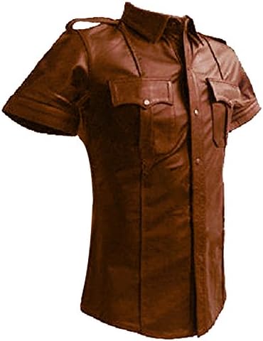 Mens Real Brown Cow Leather Shirt Police and Pilot Uniform Style Genuine Leather Shirt BLUF