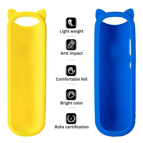 (Pack of 2) Blue + Yellow Silicone Protective Soft Cases Covers for Compatible with RC280 TCL ROKU TV Remote Control with Wrist Strap Cute Cat Ear Shape Case only