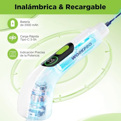 WORKPRO 8V Electric Cleaning Brush with 8 Heads Telescopic Handle | Adjustable handle of 30-120 cm and three speeds for cleaning floors, bathrooms, kitchens and hard-to-reach areas