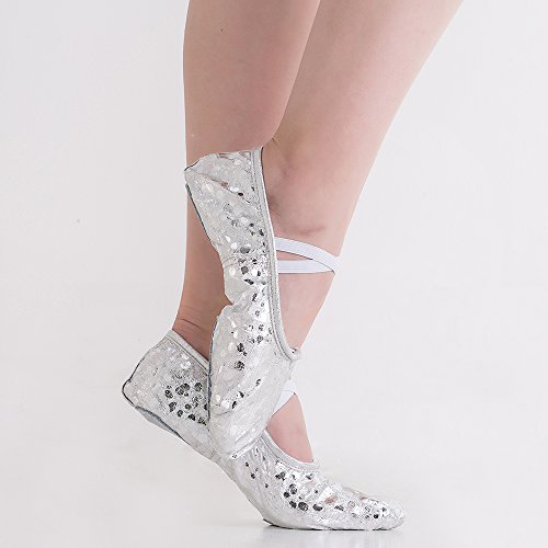Women's Bright PU Leather Ballet Belly Slippers Ballroom Dance Shoes with Suede Split-Sole(8, Silver/dot)