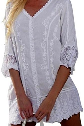 Organic Cotton 3/4 Sleeves Embroidered lace SORAY Ibicenco Tunic Top (XL)