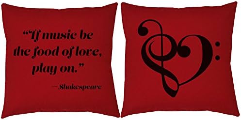 Set of 2 RoomCraft Music is the Food of Love Throw Pillows 14x14 Square Red Indoor-Outdoor Shakespeare Quote Cushions