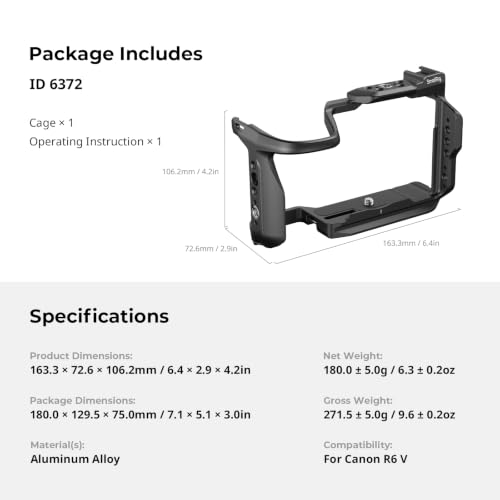 SMALLRIG Jaula de liberación rápida HawkLock para Canon R6 V, Jaula Completa de aleación de Aluminio para cámara, Placa QR para rieles Arca, Cold Shoe y NATO, para estabilizador dji RS - 6372