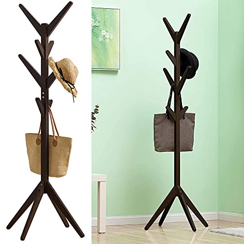 Coat Rack,Robust and Stable Coat Hanger Stand with 8 Hooks and 4-Legged Base, Wooden Hanger Rack Used in Indoor Places Such as Bedrooms(Pine Wood, Coffee)