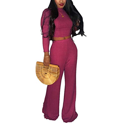 ECHOINE Women's 2 Piece Outfits Sweater Jumpsuits Long Sleeve Crop Top High Waist Skinny Pants Set Purple L