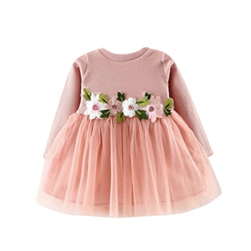 GRNSHTS Baby Girls Flower Applique Long Sleeve Gauze Dress (70/0-6 Months, Pink)